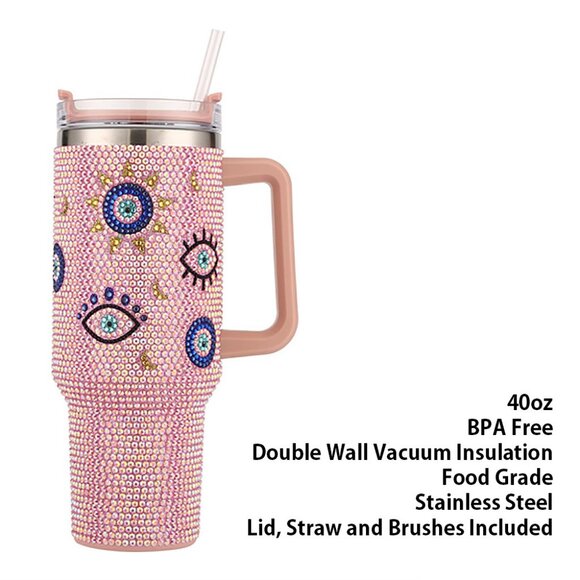 NEW Evil Eye Pink or Blue 40oz Stainless Steel Rhinestone Tumbler Straw Lid SET - Picture 6 of 7